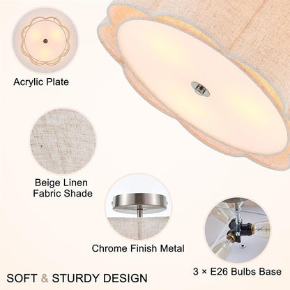 Semi Flush Mount Ceiling Light, Beige Linen Fabric Shade Ceiling Light, Chrome Modern Farmhouse Close to Ceiling Light for Bedroom, Hallway, Living Room, Dining Room, Laundry Room