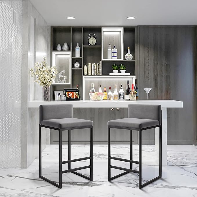 Velvet Stools with Low Back Mid-Century Upholstered Armless Chairs for Kitchen Island Home Pub Grey + Gold Sitting Height 65cm (Grey + Black 25.6in)