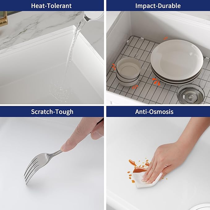 DeerValley 33" L x 20" W Farmhouse Workstation Kitchen Sink, Reversible Fireclay Deep Single Bowl Apron Front Kitchen Sink, White Undermount Farm Sink with Ledge and Accessories