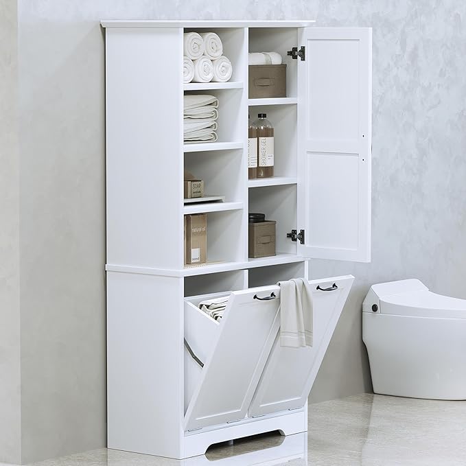 68" Tall Bathroom Storage Cabinet with One Door and Two Laundry Hampers for Home Display Organizer, Adjustable Shelf, White