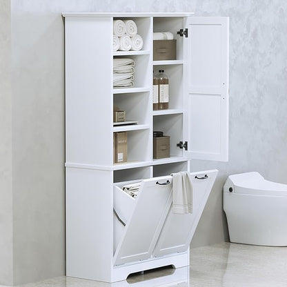 68" Tall Bathroom Storage Cabinet with One Door and Two Laundry Hampers for Home Display Organizer, Adjustable Shelf, White