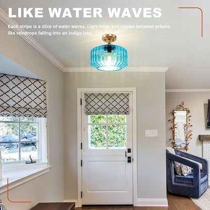 Blue Glass Ceiling Light, Flush Mount Light Fixture Ribbed Glass Shade, Vintage Farmhouse Lighting for Bedroom, Living Room, Kitchen, Bathroom, Nursery, Hallway