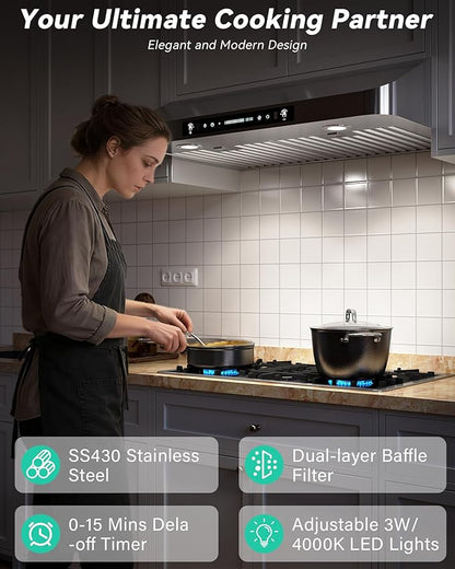 36 inch Stainless Steel Under Cabinet Range Hood - 900 CFM, Gesture Control, Ultra-Quiet 4-Speed Vent, LED Lights, External Venting