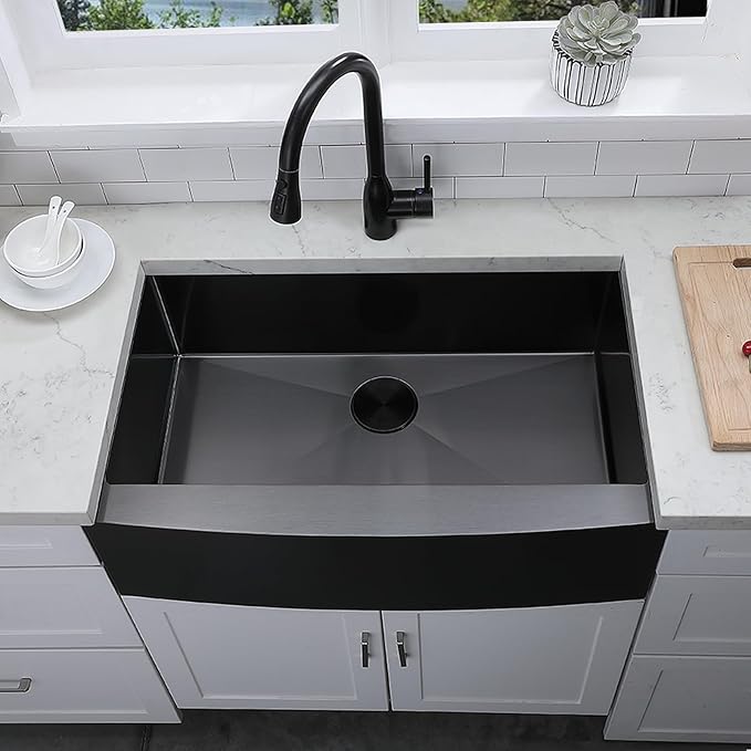 33 inch Black Farmhouse Sink, Modern Single Bowl Stainless Steel Apron Front Farmhouse Kitchen Sink with Dish Grid and Strainer