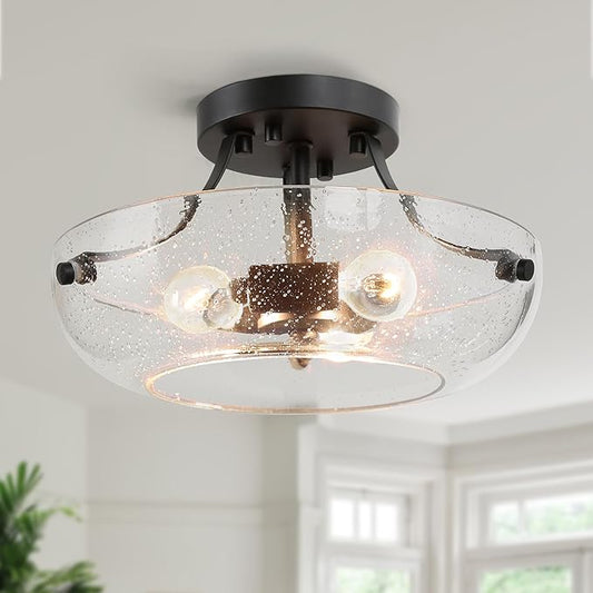KSANA Semi Flush Mount Ceiling Lights, 3 Light Black Ceiling Light Fixture with Seeded Glass Shade Modern Farmhouse Close to Ceiling Lights for Kitchen Bedroom Hallway Entryway