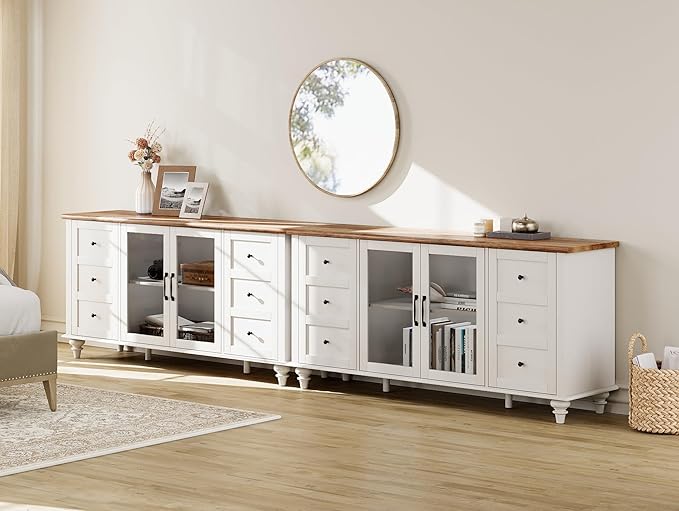 WAMPAT 2-in-1 Sideboard Buffet Cabinets with Glass Door, Kitchen Storage Cabinets, Wood Coffee Bar Tables, Accent Sideboard Storage Cabinet Table Dining Room, Living Room,White