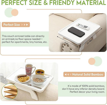 SINWANT Couch Arm Table,Bamboo Couch Arm Tray Clip on Sofa Armrest,Chair Side Table for Small Spaces Drink Eating Dinner