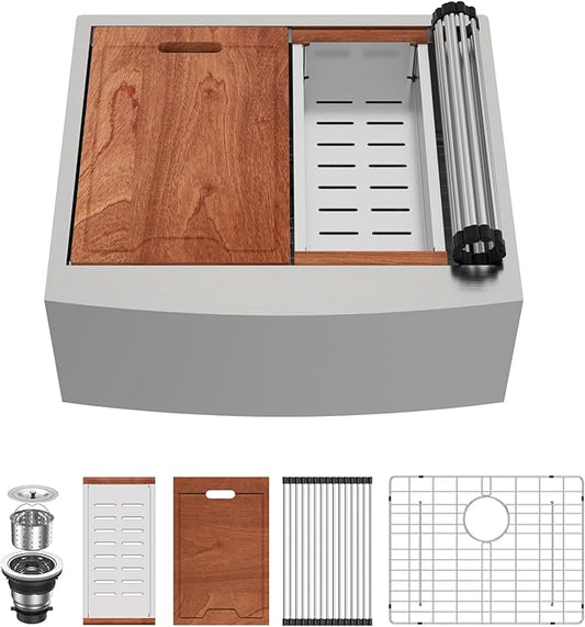 Lordear 24" Farmhouse Sink Short Apron Front Ledge Workstation 24" x 21" Farm Sink 16 Gauge Stainless Steel Single Bowl Kitchen Farm Sinks