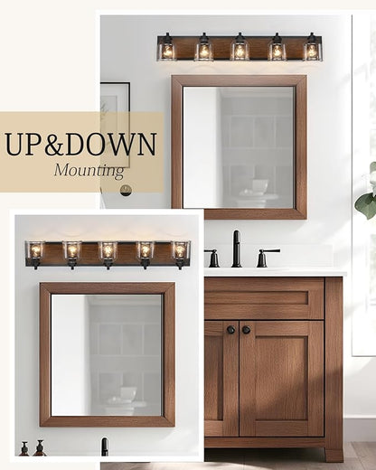 Vanity Lights for Bathroom Large 40", Farmhouse Rustic Vanity Light with Bubble Glass Shades, Brown 5 Light Bathroom Lighting Fixtures Over Mirror, Bath Wall Sconce Home Decor