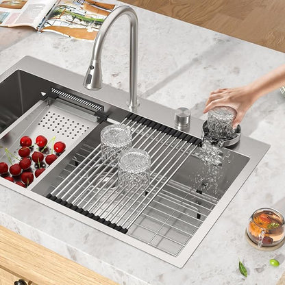 36 Inch Drop-In Single Bowl Kitchen Sink with Faucet, 16 Gauge 304 Stainless Steel Workstation Sink with Waterfall Outlet, Brushed Finish for Decoration or Renovation #TL-FDOE00015