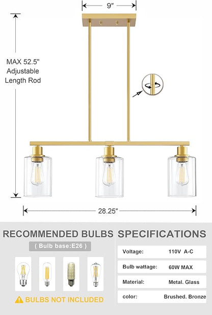 Doraimi Lighting 3 Light Modern Indoor Hanging Kitchen Island Light Gold Finish Clear Glass Chandelier Shade for Bar Dining Room Kitchen Island Over Sink