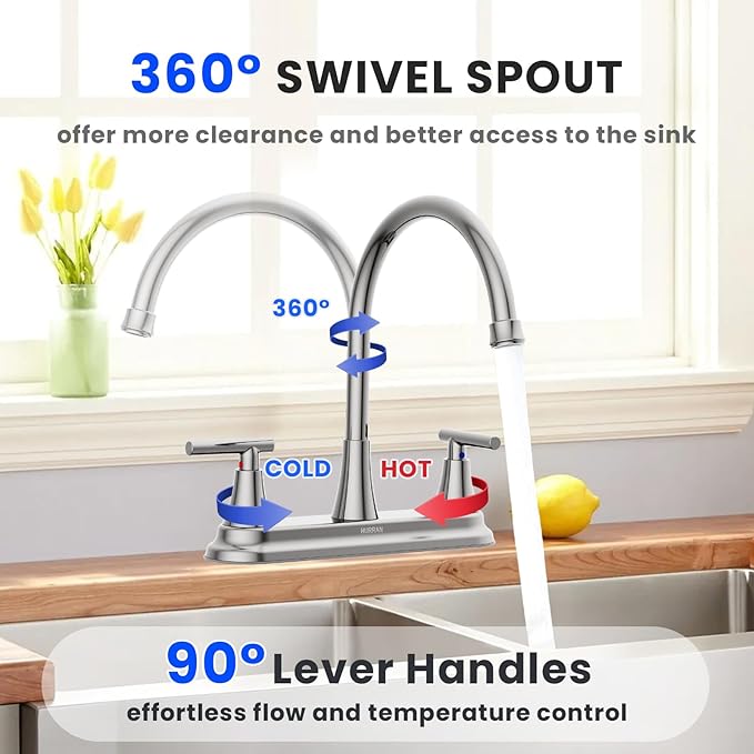 HURRAN 2 Handle Kitchen Sink Faucet, 8 Inch High Arc 360°Swivel Kitchen Sink Faucet, 3 Hole Kitchen Faucet Without Side Sprayer, Centerset RV Kitchen Faucet with Stainless Steel Pipe, Chrome