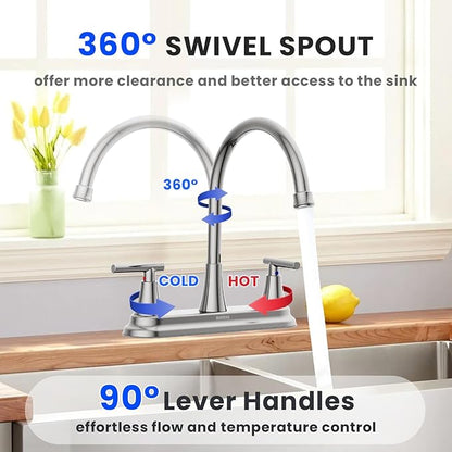 HURRAN 2 Handle Kitchen Sink Faucet, 8 Inch High Arc 360°Swivel Kitchen Sink Faucet, 3 Hole Kitchen Faucet Without Side Sprayer, Centerset RV Kitchen Faucet with Stainless Steel Pipe, Chrome