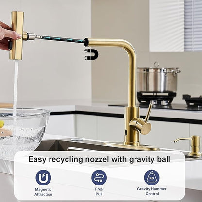 AVSIILE Brushed Gold Touchless Kitchen Faucets with Pull Down Sprayer & Soap Dispenser, Waterfall Single Hole & Handle, Pull Out Sink Faucet, Suitable for Farmhouse Camper Laundry Rv Bar
