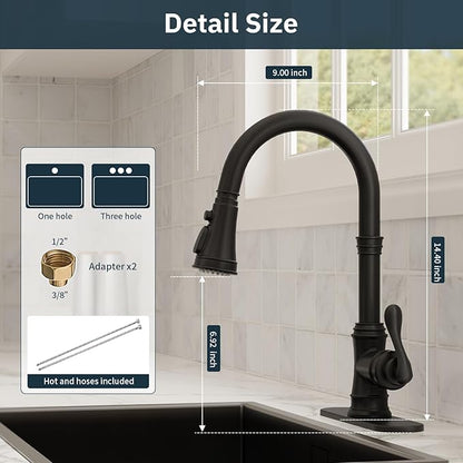 BWE Black Kitchen Faucet with Pull Down Sprayer, Solid Brass High Arc Single Handle Sink Faucet for Farmhouse Kitchen, 3 Spray Modes