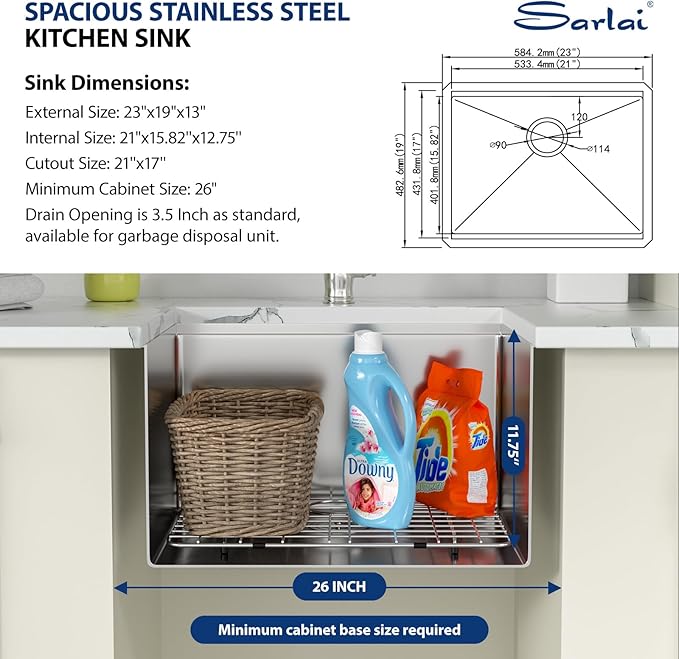Sarlai 23 Inch Undermount Laundry Sink - 23x19 Inch Extra Deep Single Bowl Stainless Steel Utility Sink Workstation Basin