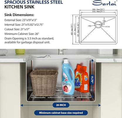 Sarlai 23 Inch Undermount Laundry Sink - 23x19 Inch Extra Deep Single Bowl Stainless Steel Utility Sink Workstation Basin