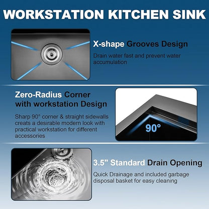 Doirteal 30" Farmhouse Sink, 16 Gauge Nano Black Stainless Steel Apron Front Kitchen Sink, 30x22x10 Undermount Workstation Single Bowl with Cutting Board, Colander & Grid, Scratch-Resistant