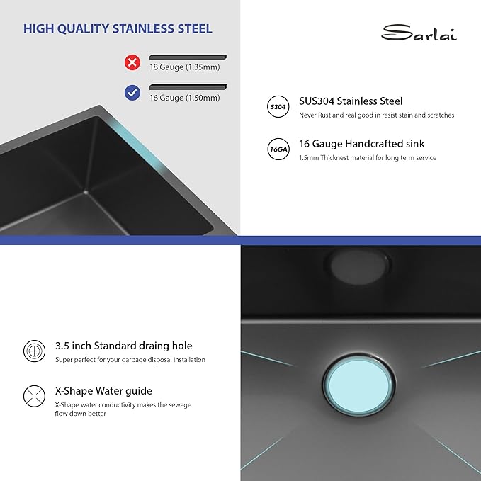 Sarlai 33 Black Kitchen Sink - 33 inch Undermount Kitchen Sink Double Bowl Gunmetal Black 16 Gauge Stainless Steel Double Sinks 60/40 Undermount Basin