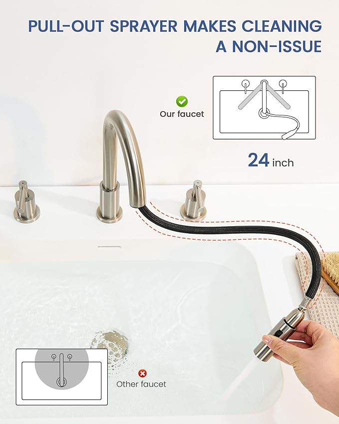 Bathroom Faucet 3 Hole - 8 Inch Widespread Bathroom Faucet with Sprayer, Brushed Nickel Sink Faucet Bathroom 2 Handles - Pull Down Vanity Faucets with Pop Up Drain and Supply Lines