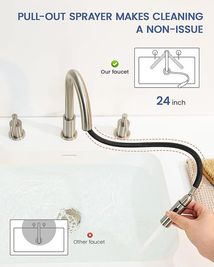 Bathroom Faucet 3 Hole - 8 Inch Widespread Bathroom Faucet with Sprayer, Brushed Nickel Sink Faucet Bathroom 2 Handles - Pull Down Vanity Faucets with Pop Up Drain and Supply Lines