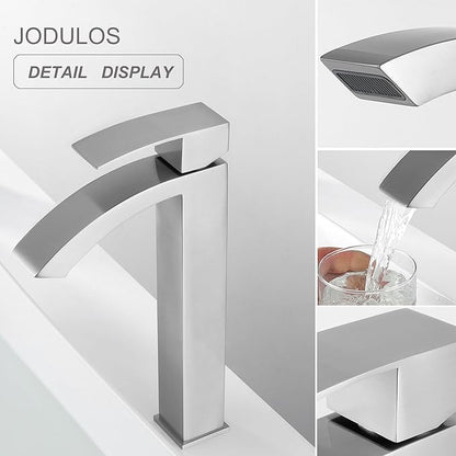 Vessel Sink Faucet Brushed Nickel, Single Handle Waterfall Tall Bathroom Sink Faucet Single Hole with cUPC Supply Hose and Pop Up Drain JU-BS101-BN