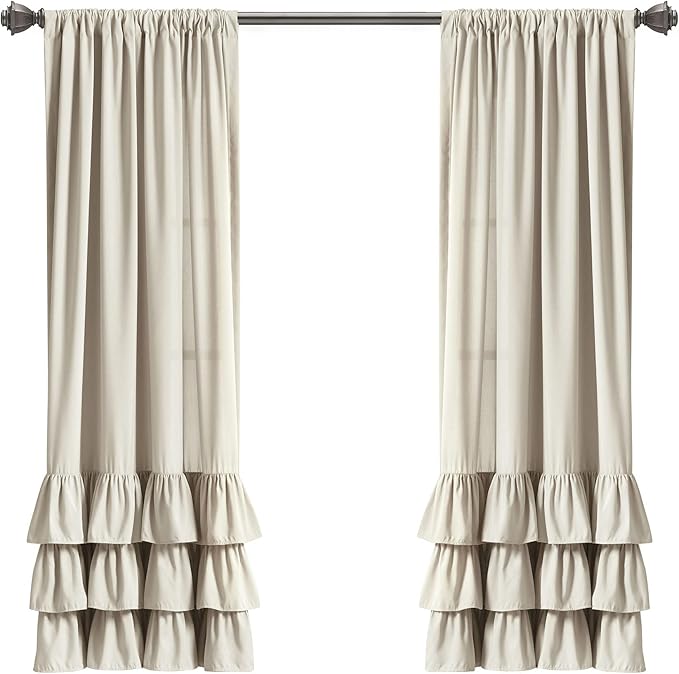Lush Decor Allison Ruffle Light Filtering Window Curtain Panels Pair 40" W x 63" L Neutral - Coquette Curtains for Bedroom - Drapes - Ruffle Curtains Kids
