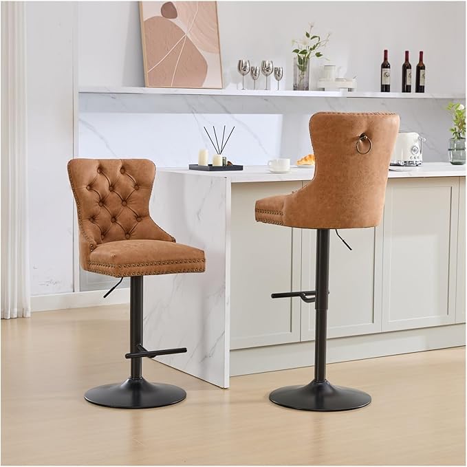 Aged and Retro PU Swivel Barstools Adjusatble Seat Height from 26-33 Inch, Modern Bar Stools with Backs Comfortable Tufted for Home Pub and Kitchen Island,for Living Room