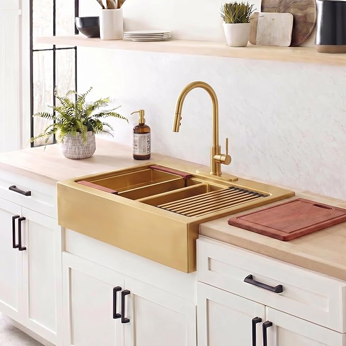 LQS Double Bowl Kitchen Sink, Undermount/Drop In Kitchen Sink, Double Bowl Stainless Steel Kitchen Sinks, 16 Gauge Stainless Steel Handmade Sinks (Gold, 36" x 22" x 10")