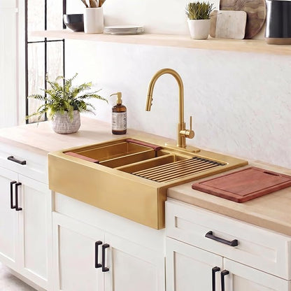LQS Double Bowl Kitchen Sink, Undermount/Drop In Kitchen Sink, Double Bowl Stainless Steel Kitchen Sinks, 16 Gauge Stainless Steel Handmade Sinks (Gold, 30" x 22" x 10")