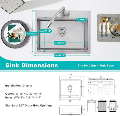 23-Inch Drop in Workstation Kitchen Sink - TSIBOMU 18 Gauge Stainless Steel Single Faucet Hole Single Bowl Topmount Handmade Kitchen Sink, Brushed