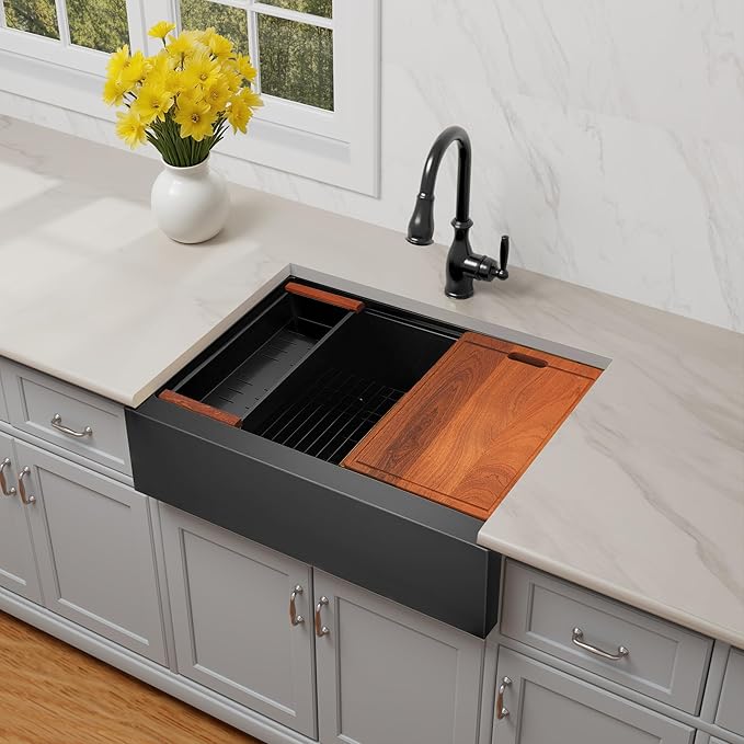 30-Inch Farmhouse Kitchen Sink, 16 Gauge Stainless Steel Farm Sink, Undermount Single Bowl, Brushed Finish, Deep Basin, Workstation Design with Accessories (Black, 30" x 22" x 10")