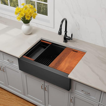 33-Inch Farmhouse Kitchen Sink, 16 Gauge Stainless Steel Farm Sink, Undermount Single Bowl, Brushed Finish, Deep Basin, Workstation Design with Accessories (Black, 33" x 22" x 10")