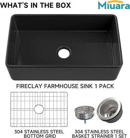 Miuara Black Farmhouse Sink 33 Inch - Large Apron Front Kitchen Sink Single Bowl 33"x18"x10", Undermount Installation, Farm House Style, Heavy Duty Solid Fireclay, Matte Black, for Kitchen