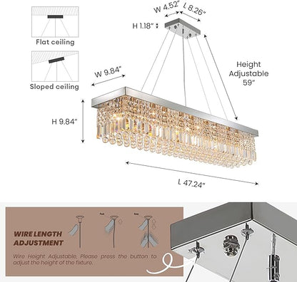 Modern Silver Rectangular Crystal Chandelier,10-Light Modern Chandelier,K9 Crystal Rectangle Chandelier,Farmhouse Pendant Light Fixture for Kitchen Island Bar Bedroom L47 x W10 x H10