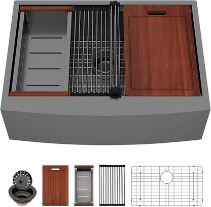 Sarlai 30 Black Farmhouse Kitchen Sink Workstation - 30"x22" Farmhouse Sink Gunmetal Black Apron Front Undermount Kitchen Sink 16 Gauge Stainless Steel Deep Single Bowl Kitchen Farmer Sinks