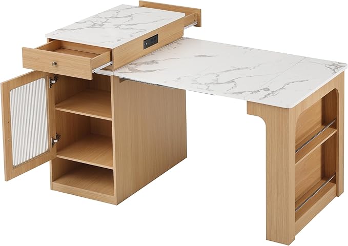 Modern Dining Table 59.5in Kitchen Island with Extendable Table, Double-Sided, 2 Drawers, Power Outlet, Side Shelves, Wood Finish, Design, Console for Living Room,Natura