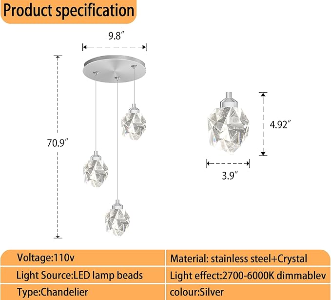 Silver Pendant Light Dimmable LED 3-Light Modern Pendant Light Kitchen Island Dining Room Bar