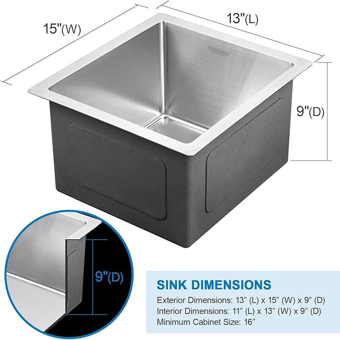 Bar Sink Undermount 13x15 Inch, Stainless Steel Small Kitchen Sink, Handmade Single Bowl Wet Bar Sinks with Grid for RV, Camper (Brushed)