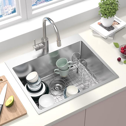 25x22 Inch Drop In Kitchen Sink, 9-Inch Deep 18 Gauge Stainless Steel Topmount Single Bowl with Bottom Grid & Strainer - Modern Upgrade for Small Kitchen Remodel & Bar Prep