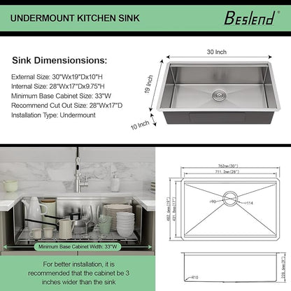 30 Inch Undermount Kitchen Sink - Beslend SUS304 16 gauge Stainless Steel Single Bowl Workstation 30x19 Inch Kitchen Sinks Handmade Under Counter 30x19x10 Inch