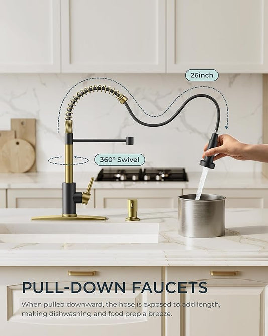FORIOUS Kitchen Faucet with Pull Down Sprayer, Stainless Steel Commercial Single Handle Classic Spring Pull Out Sink Faucet for Pot Filler, Farmhouse Camper Bar Laundry Room, Black Gold