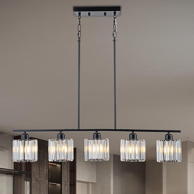 Luxury Crystal Island Lights 5-Light Linear Pendant Kitchen Island Chandelier Lighting for Dining Room Light Fixture Matte Black Finish with Glass Shade 36" L