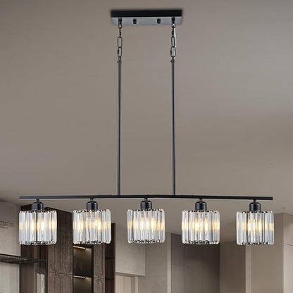 Luxury Crystal Island Lights 5-Light Linear Pendant Kitchen Island Chandelier Lighting for Dining Room Light Fixture Matte Black Finish with Glass Shade 36" L