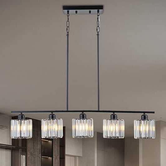 Luxury Crystal Island Lights 5-Light Linear Pendant Kitchen Island Chandelier Lighting for Dining Room Light Fixture Matte Black Finish with Glass Shade 36" L