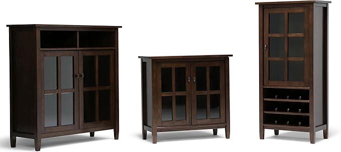 SIMPLIHOME Warm Shaker Storage Cabinet - 32 inch Wide Solid Wood 2-Shelf Low Storage Cabinet in Tobacco Brown, Transitional Accent Cabinet for Entryway with Tempered Glass Doors and Shelves