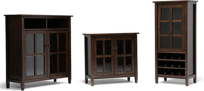 SIMPLIHOME Warm Shaker Storage Cabinet - 32 inch Wide Solid Wood 2-Shelf Low Storage Cabinet in Tobacco Brown, Transitional Accent Cabinet for Entryway with Tempered Glass Doors and Shelves
