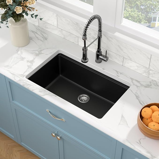 Sarlai 28 Black Kitchen Sink Granite Composite - 28 x 19 inch Kitchen Sink Undermount Matte Black Granite Composite Quartz Single Bowl Under Counter Ledge Workstation Kitchen Sinks Basin