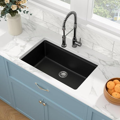 Sarlai 28 Black Kitchen Sink Granite Composite - 28 x 19 inch Kitchen Sink Undermount Matte Black Granite Composite Quartz Single Bowl Under Counter Ledge Workstation Kitchen Sinks Basin
