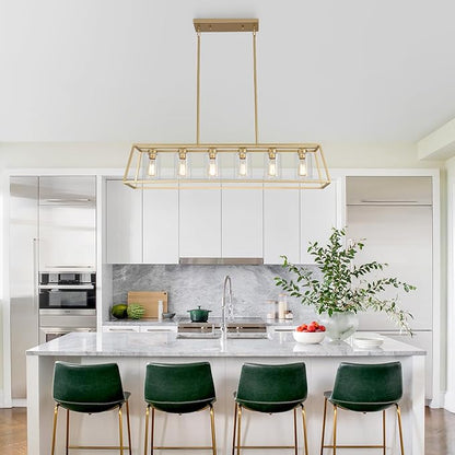 6-Light Gold Chandeliers for Dining Room | Modern Kitchen Island Light Fixture | Rectangle Chandelier for with Clear Glass Shade | Apply to Dining Room Light fixtures Over Table